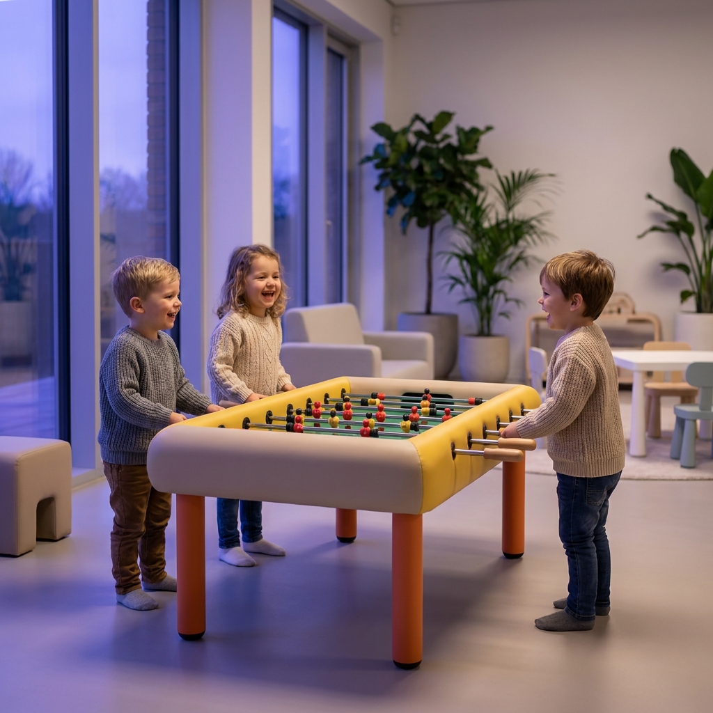 Terrain de babyfoot en verre avec lignes de jeu tracées